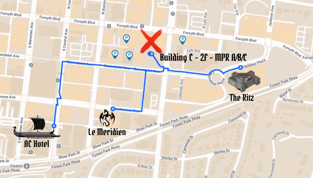 Map showing Centene HQ and parking in St. Louis